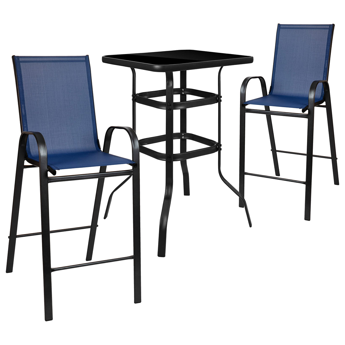 Flash Furniture Brazos Bar Table Set - 3 Piece Glass Brazos Bar Table with 2 Navy Patio Bar Stools - Brazos Outdoor Chairs