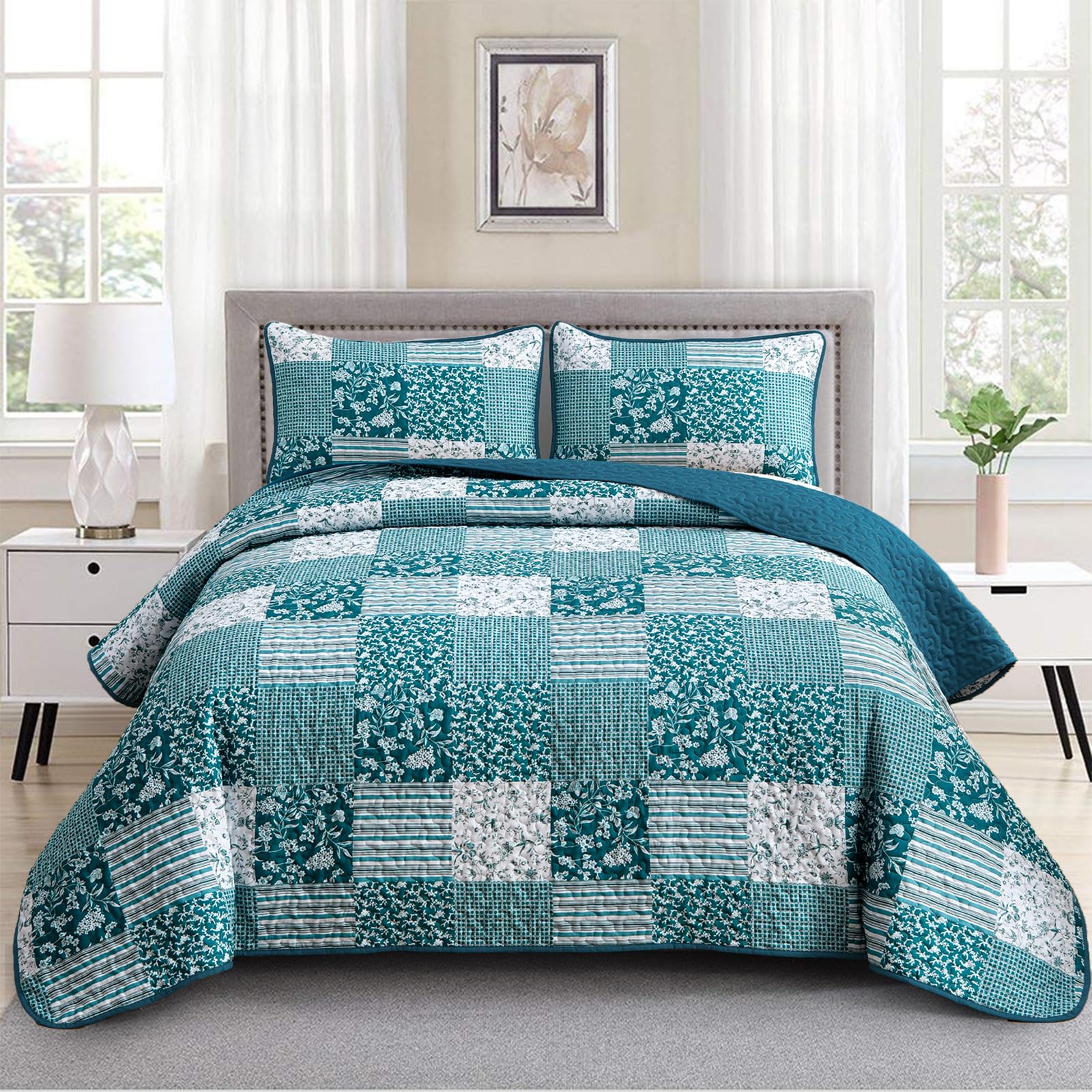 Mybedsoul Teal Blue Quilt Set Queen Size 3 Pieces Boho Plaid Turquoise Floral Bedspread Set Microfiber Lightweight Bohemian Bedd