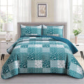 Mybedsoul Teal Blue Quilt Set Queen Size 3 Pieces Boho Plaid Turquoise Floral Bedspread Set Microfiber Lightweight Bohemian Bedd