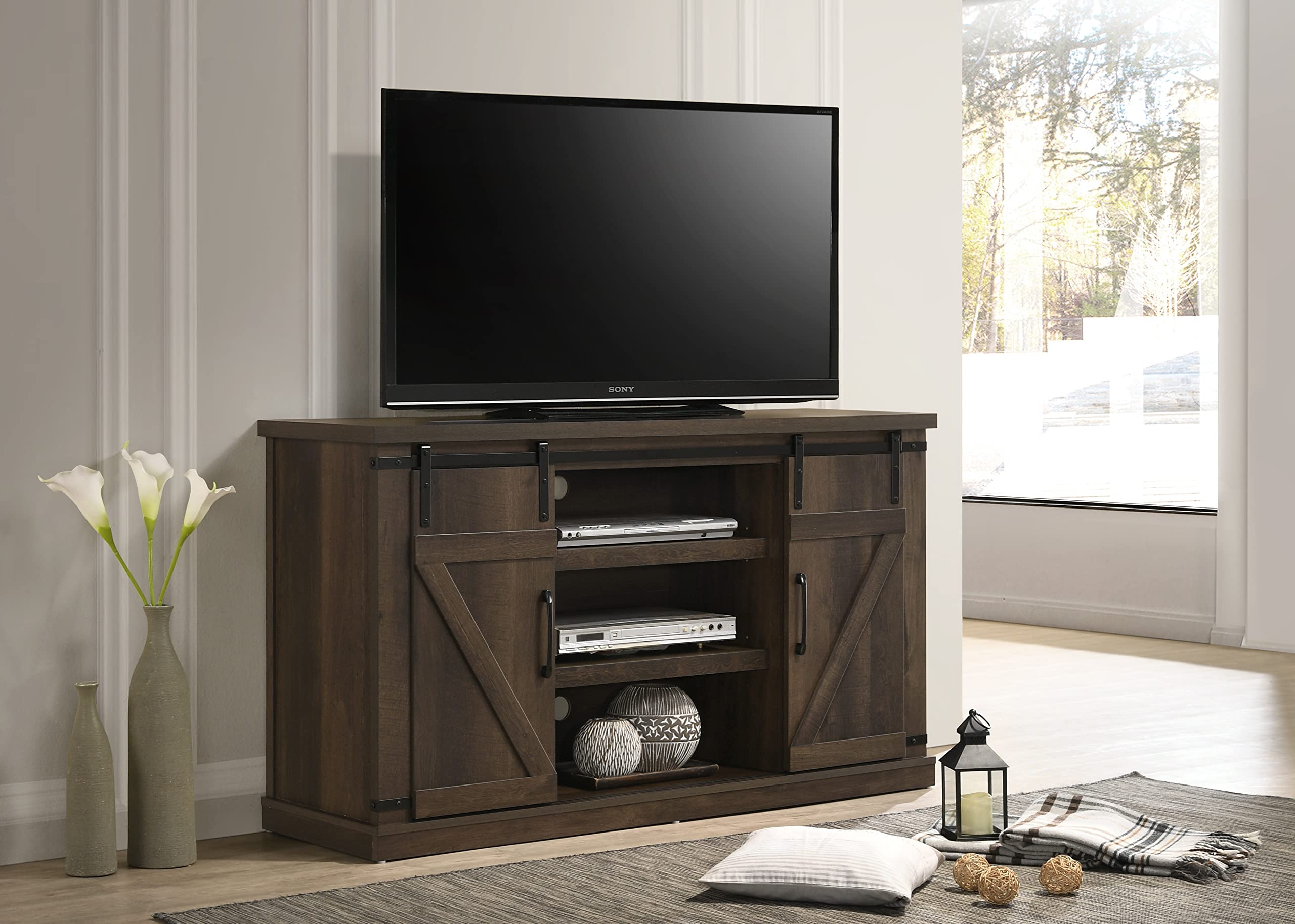 Lilola Home Asher Dark Dusty Brown 54' Wide TV Stand with Sliding Doors and Cable Management
