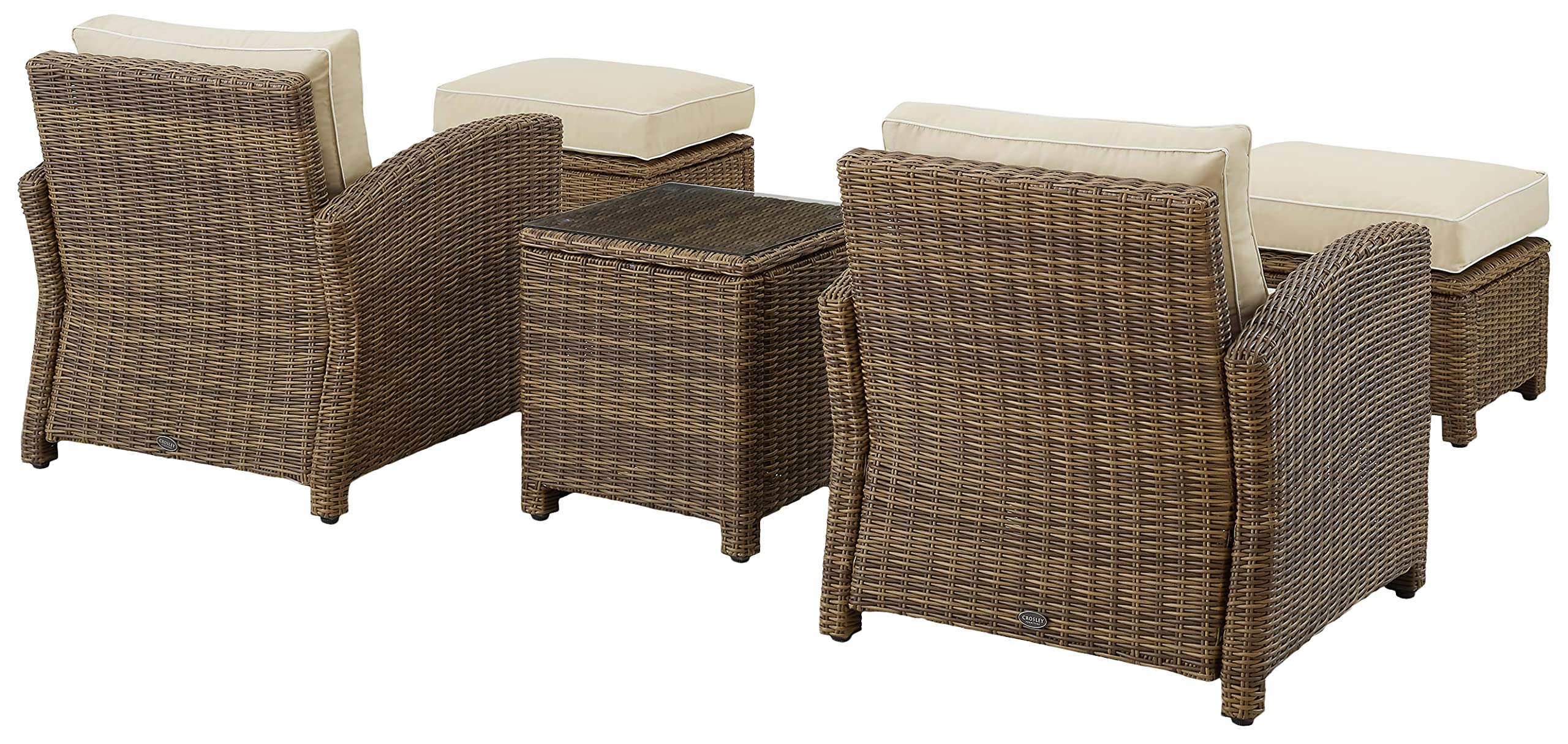 Crosley Furniture Bradenton 5-Piece Outdoor Chair Patio Furniture Set, Wicker Conversation Sets for Porch, Weathered Brown with Sand Cushions
