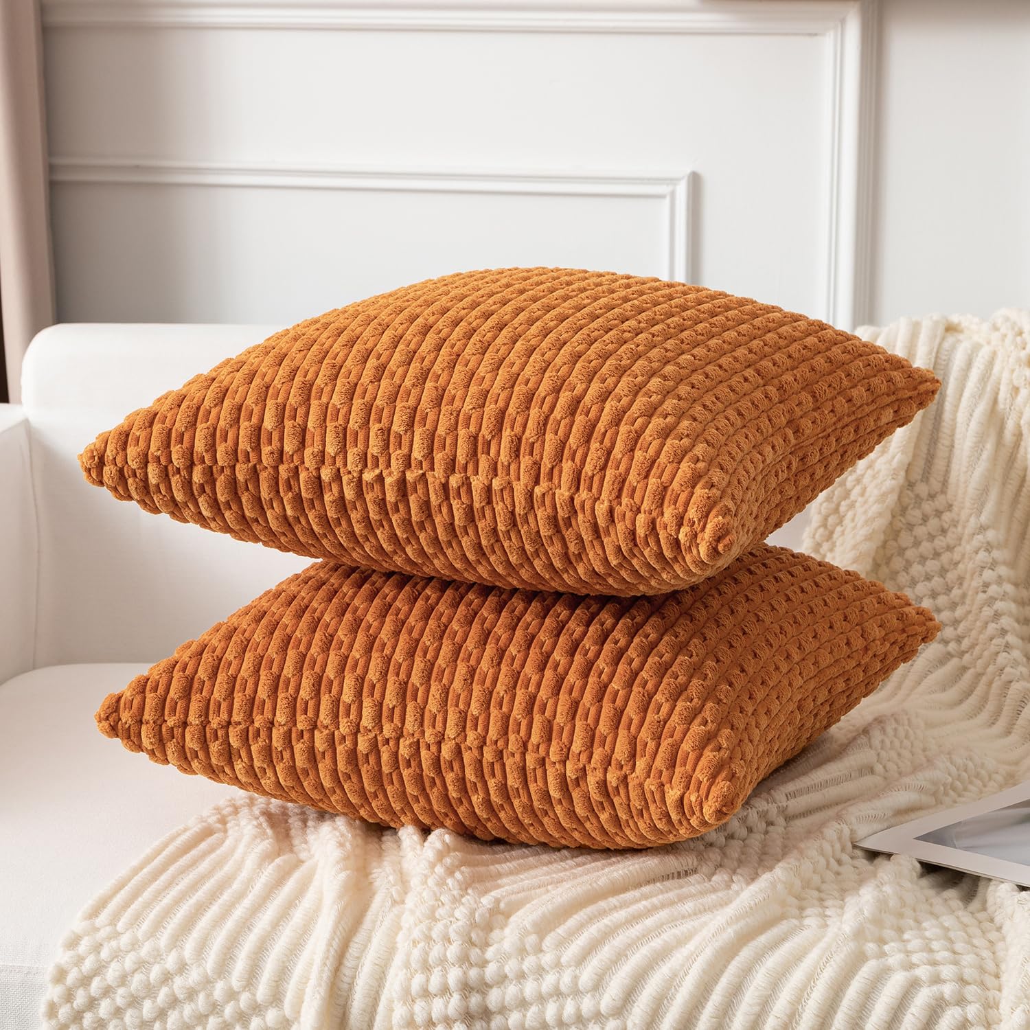 Kevin Textile Throw Pillow Covers Soft Corduroy Decorative Set Of 2 Boho Striped Pillow Covers Pillowcases Farmhouse Home Decor For Couch Bed Sofa Living Room 22X22 Inch Orange Yellow