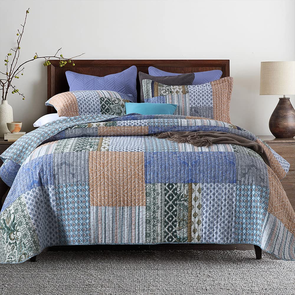 Autumn Dream Cotton Bedspread Quilt Sets Reversible Bedding Coverlet Sets Comforter, Bohemian Paisley Patchwork Blue Bedspread,