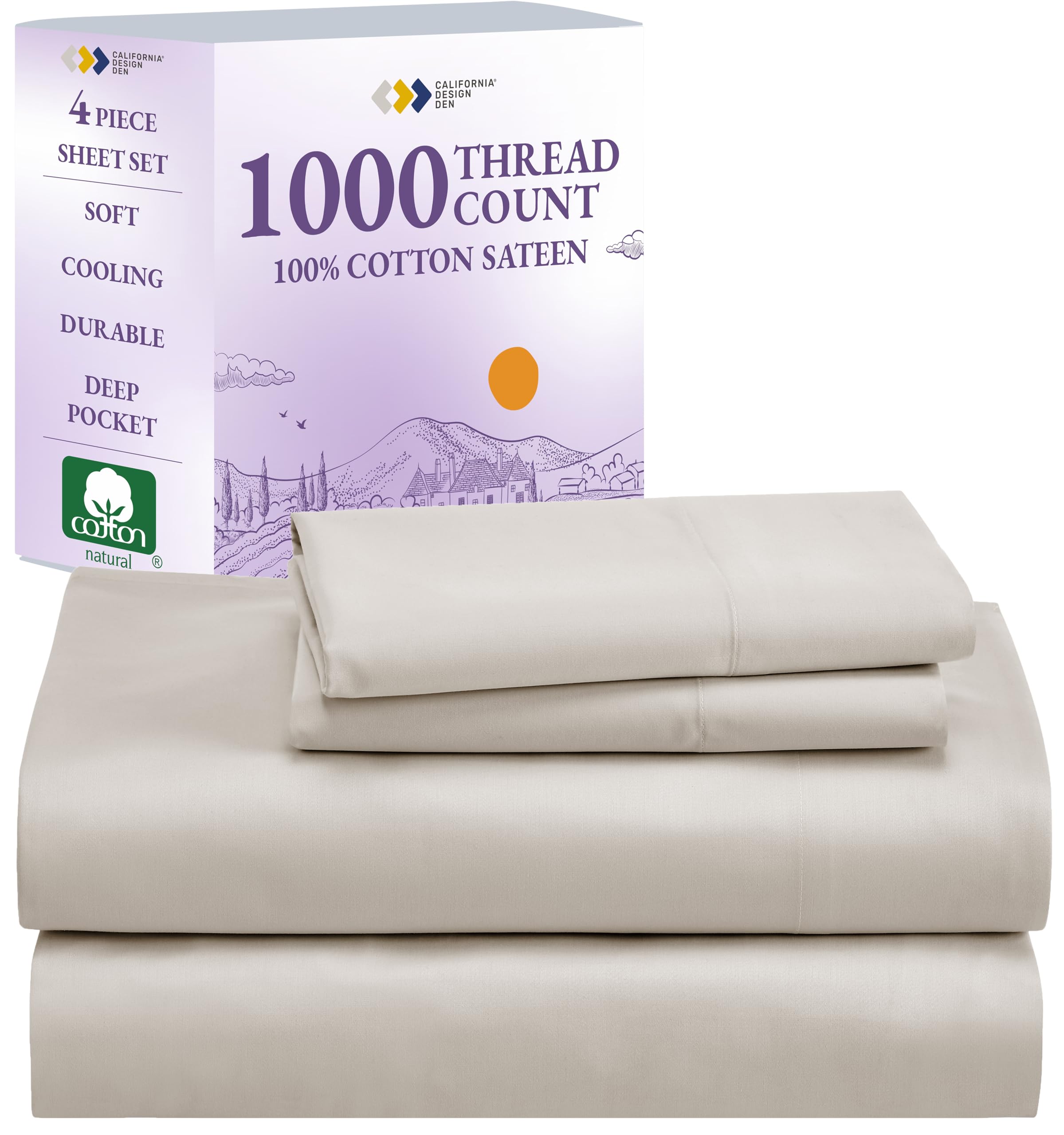 California Design Den 1000 Thread Count King Size Sheets Set, Winner Architectural Digest Best Sheet, Luxury 100% Cotton Sateen