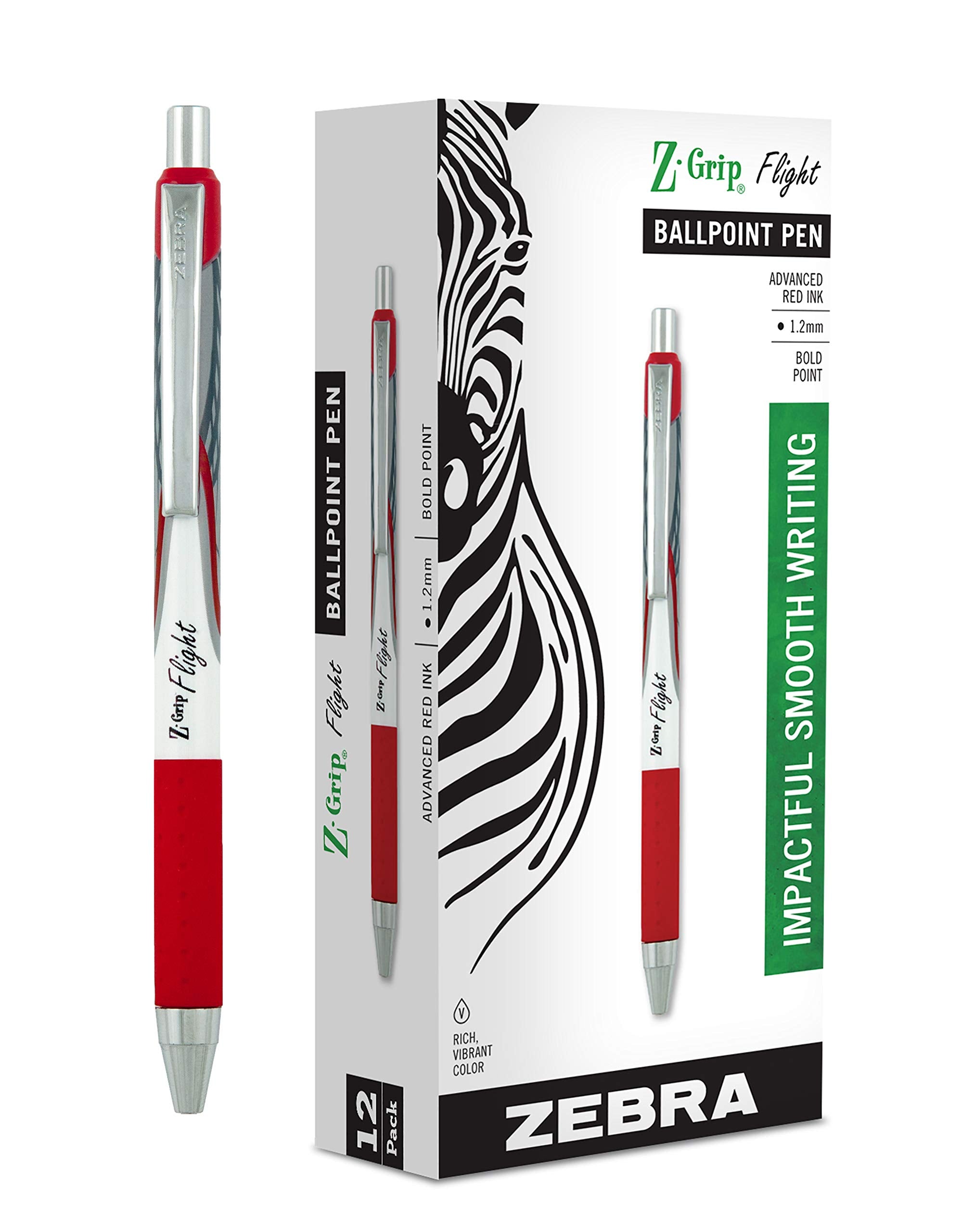 Zebra Pen Z-Grip Flight Retractable Ballpoint Pen, Bold Point, 1.2Mm, Red Ink, 12-Count