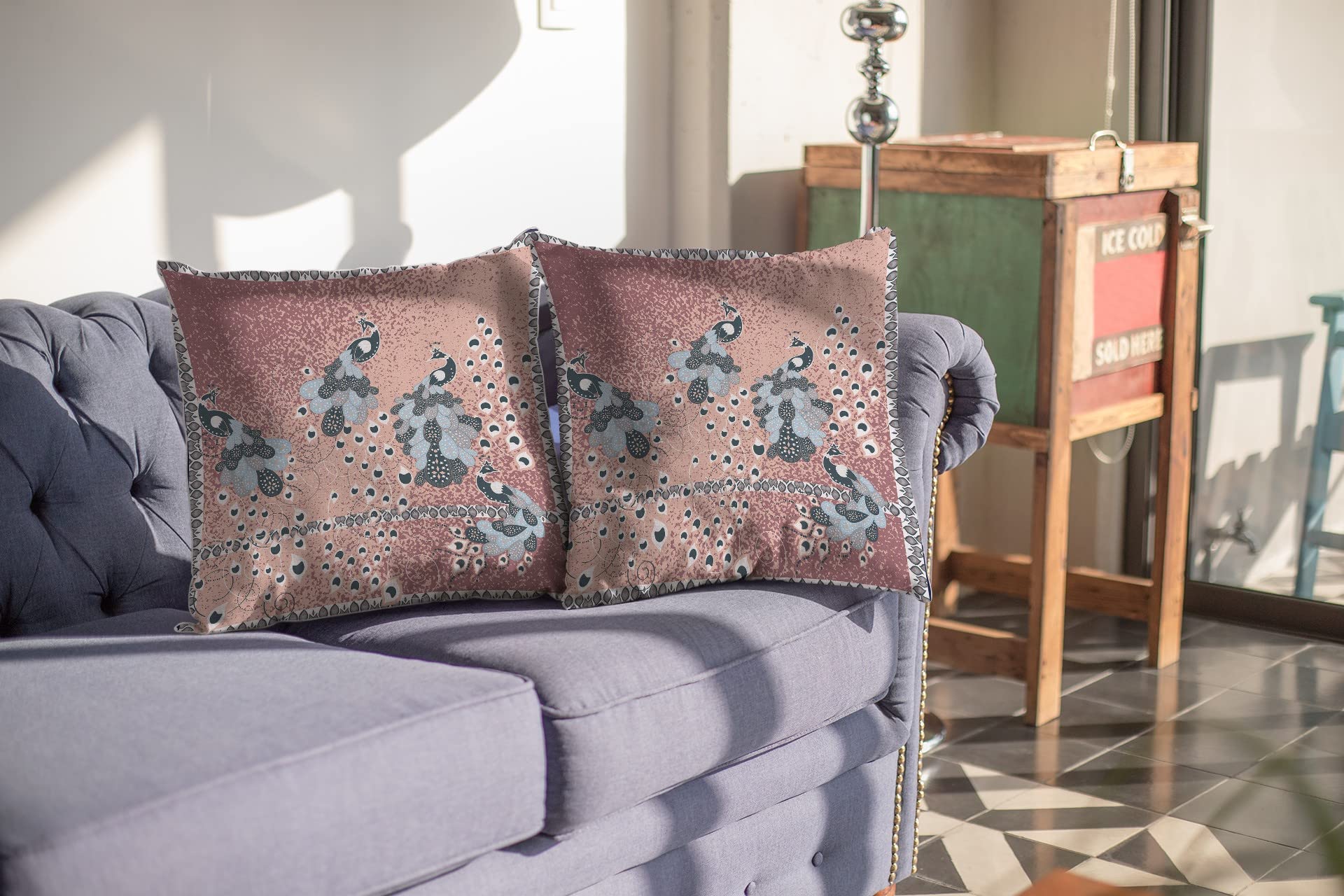 HomeRoots Blue On Muted Magenta Broadcloth 28â€ Dusty Pink Boho Bird Indoor Outdoor Throw Pillow