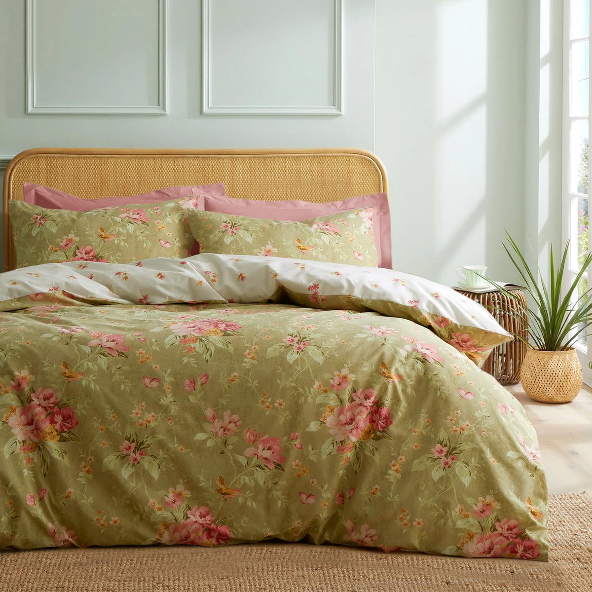 Mixinni Duvet Cover Full Size, Long Staple Cotton Reversible Green Floral Duvet Cover Set With Zipper Ties, 3 Pieces Botanical P