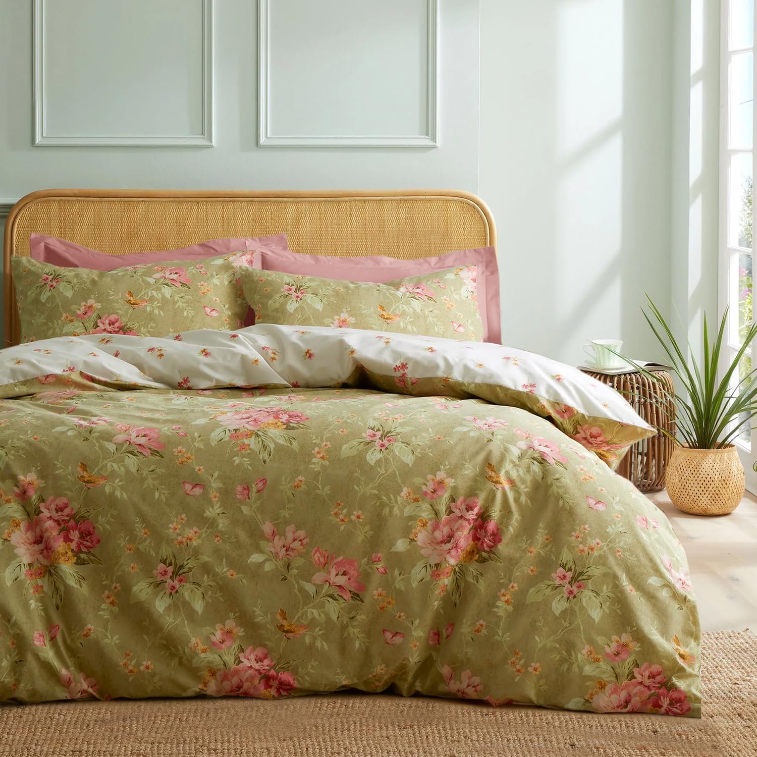 Mixinni Duvet Cover Full Size, Long Staple Cotton Reversible Green Floral Duvet Cover Set With Zipper Ties, 3 Pieces Botanical P