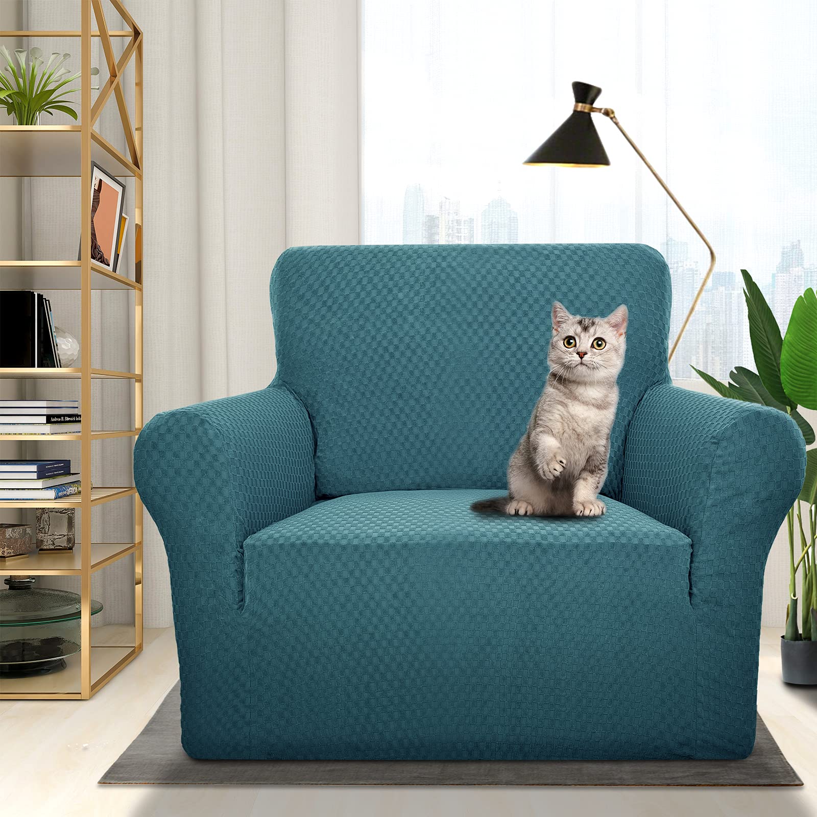 Znsayotx 1 Piece Jacquard Chair Slipcovers For Living Room High Stretch Chair Covers With Arms Anti Slip Pets Friendly Couch Sofa Armchair Cover Furniture Protector (Chair, Peacock Blue)