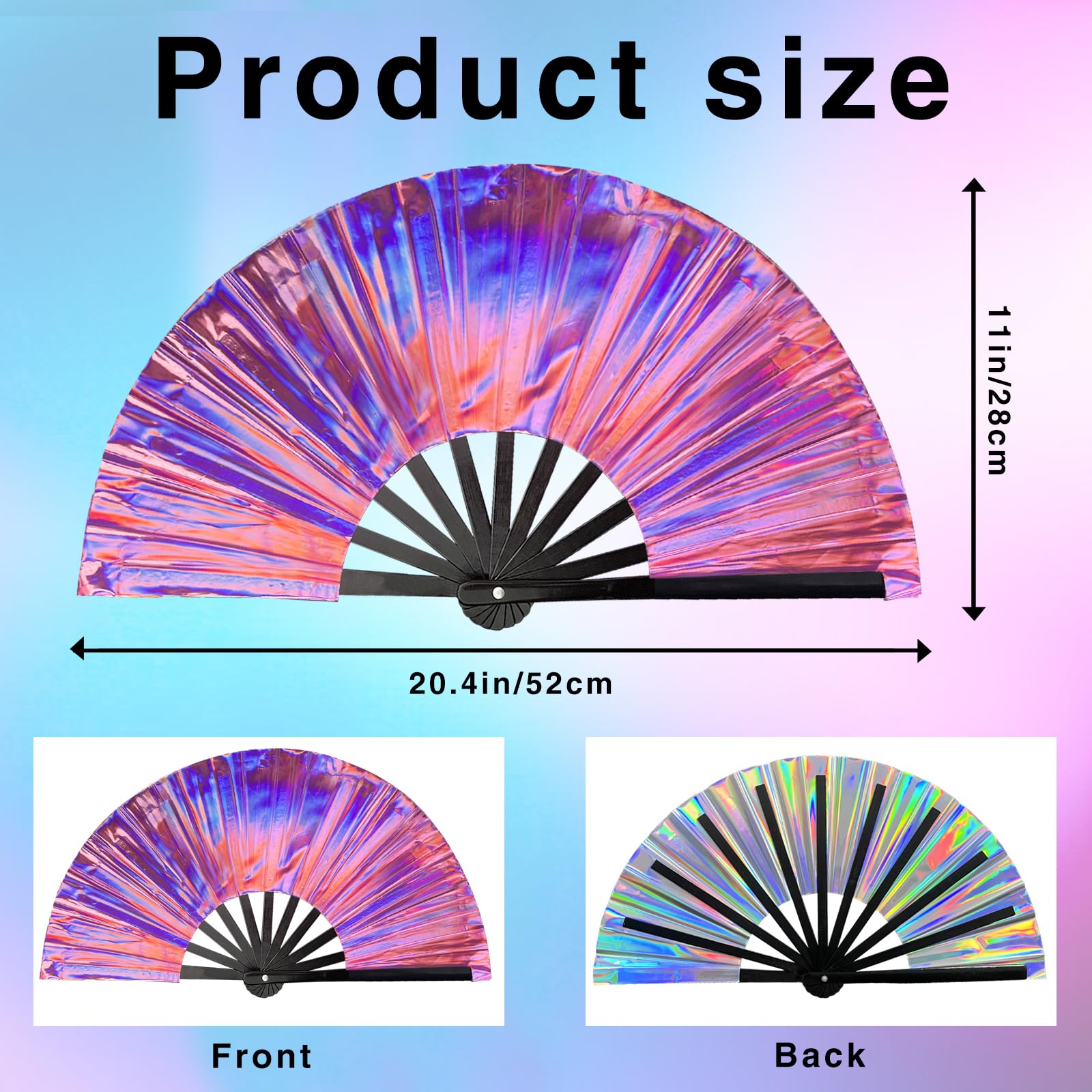 dmjuncong Holographic Purple Folding Hand Rave Fan - 11in, Large Size, High Airflow, Perfect for Festivals and Parties