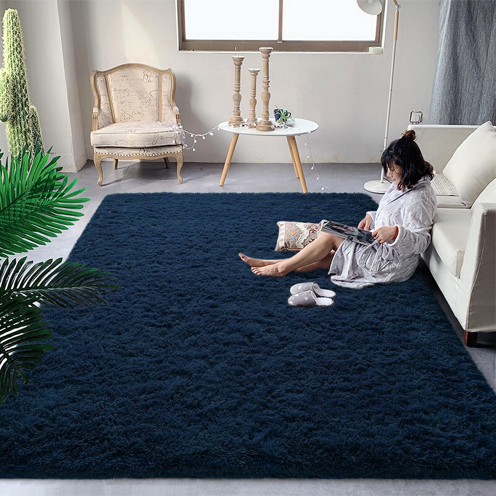 DweIke Super Soft Shaggy Rugs Fluffy Carpets, 6x9 ft, Navy Blue Area Rug for Living Room Bedroom Girls Kids Room Nursery Home De