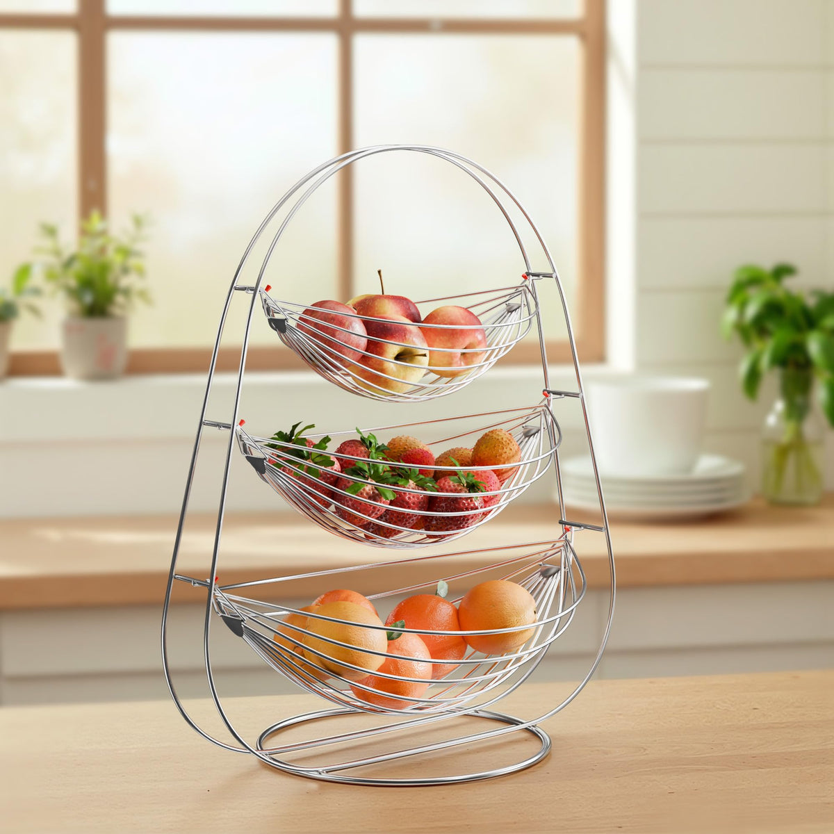 Kuber Industries Stainless Steel 3 Layer Fruits Basket with Stand | Half Round Wire Vegetable Bowl for Snack/Bread Basket & Kitc