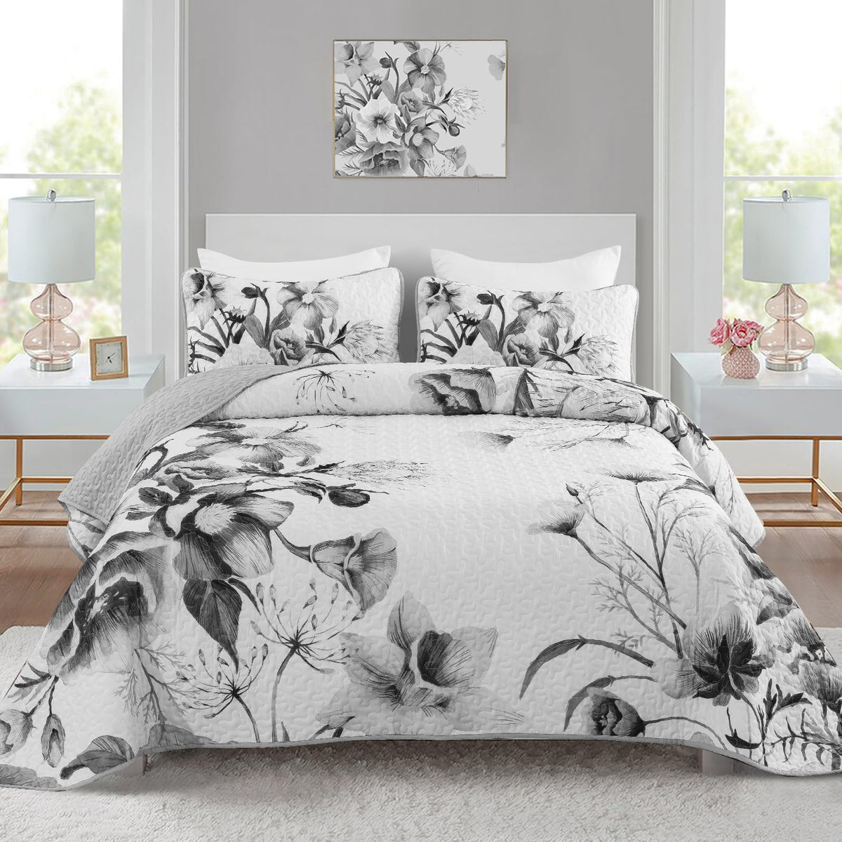 Floral Quilt Set King 3 Pieces Grey Floral Quilt Coverlet Set Soft Microfiber Lightweight White Quilted Bedspread for All Season