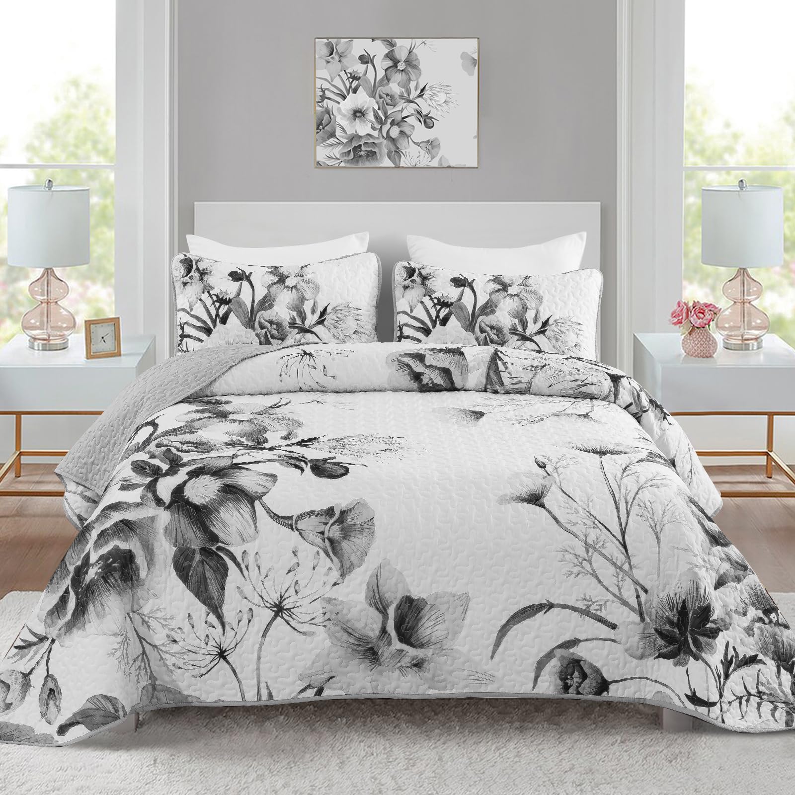 Floral Quilt Set California King 3 Pieces Grey Floral Quilt Coverlet Set Soft Microfiber Lightweight Purple Quilted Bedspread Fo