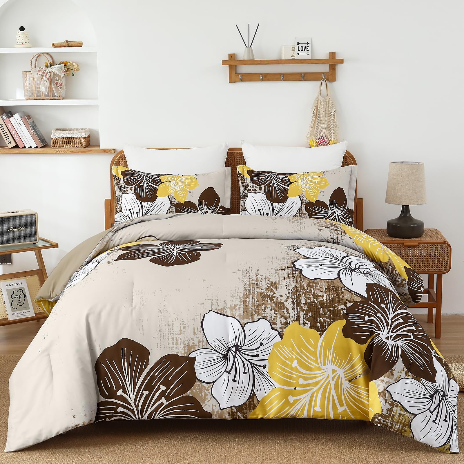 Menghomeus Brown Floral Comforter Set King Ombre Brown Bedding Lightweight Microfiber Bed Comforter For All Season, 3 Piece Flow