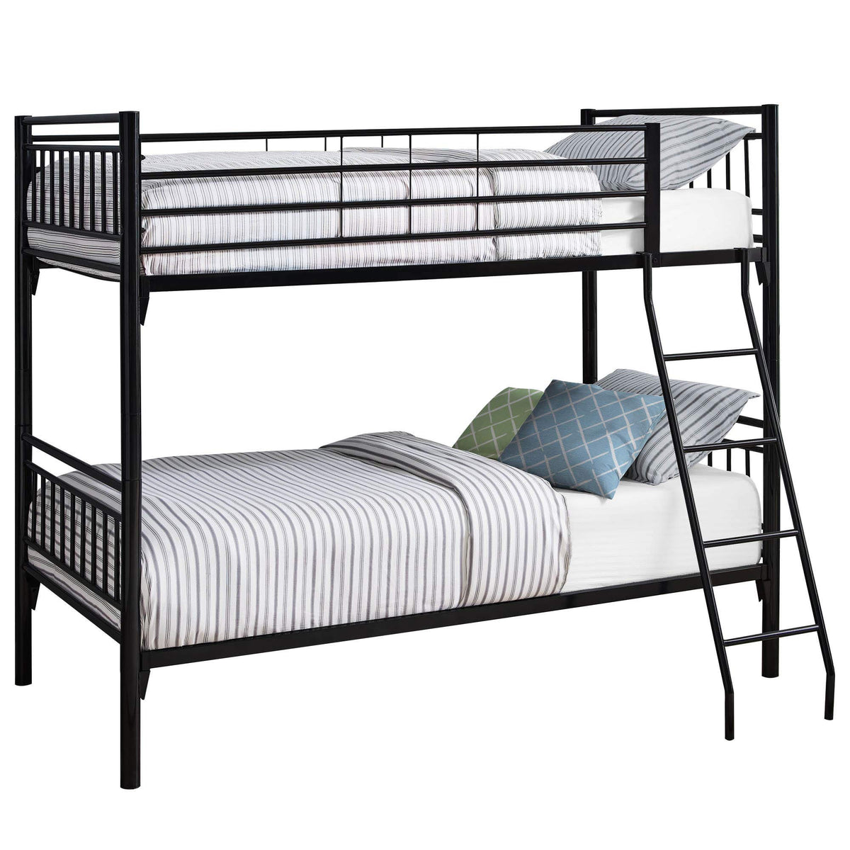 Monarch Specialties Detachables Twin Kids Bed with Stairs and Safety Rail Sturdy Metal Frame Bunk, 66" H, Black