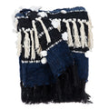 HomeRoots 50% Wool, 50% Acrylic Navy Blue Boho Woven Handloom Throw with Pom Pom
