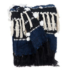 HomeRoots 50% Wool, 50% Acrylic Navy Blue Boho Woven Handloom Throw with Pom Pom