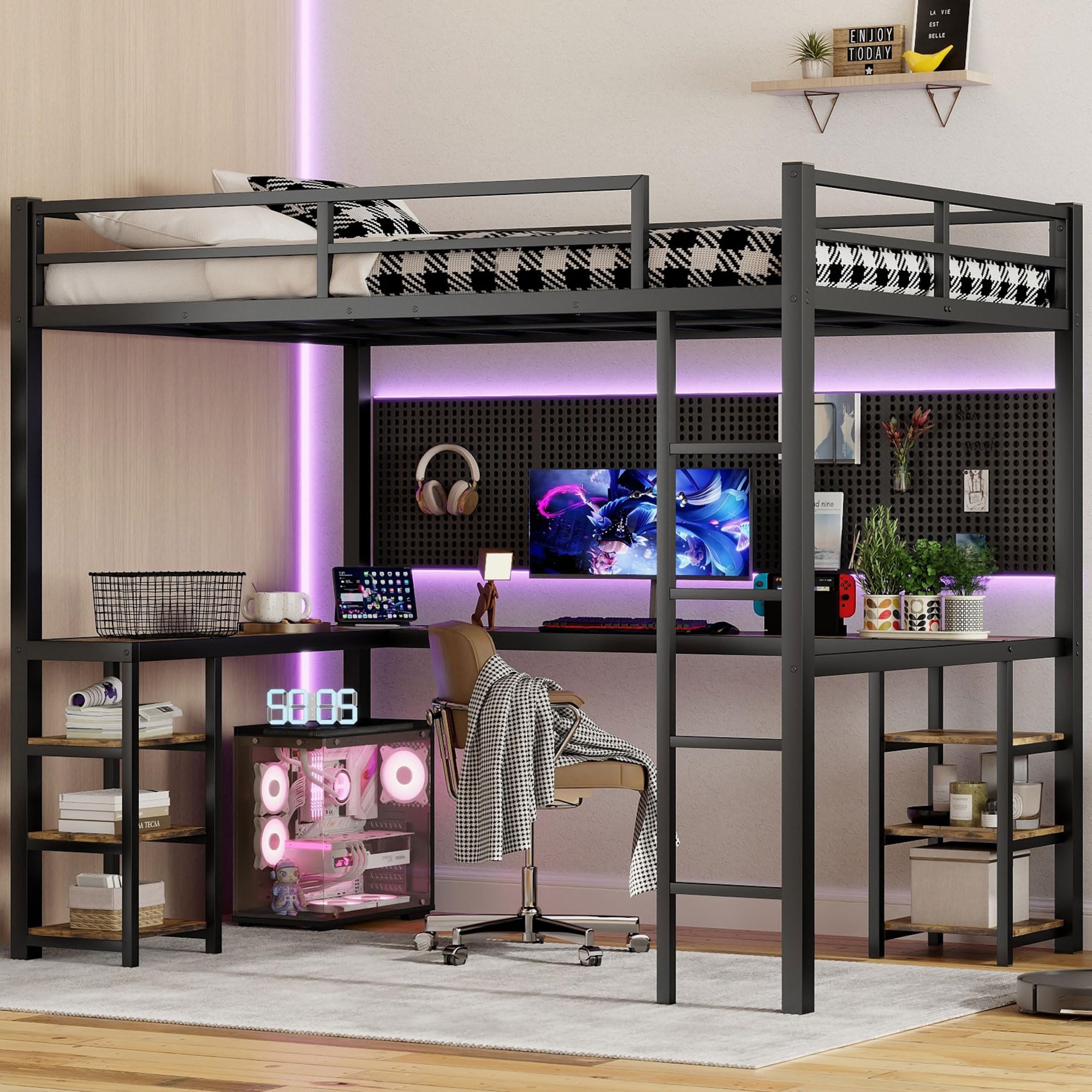 Full XL Loft Bed with Desk and Storage, Heavy Duty Metal Loft Bed with Vintage Desk, Ladder and Guardrail, Full XL Loft Bed for 