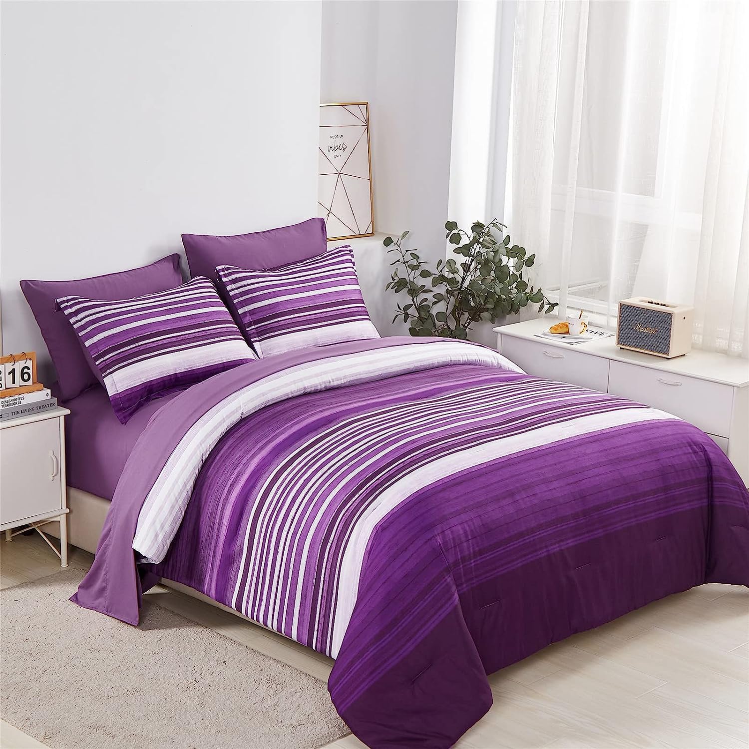 Kakijumn 5 Piece Bed In A Bag Stripe Comforter Set Twin Size, White And Purple Patchwork Striped Comforter And Sheet Set, All Se