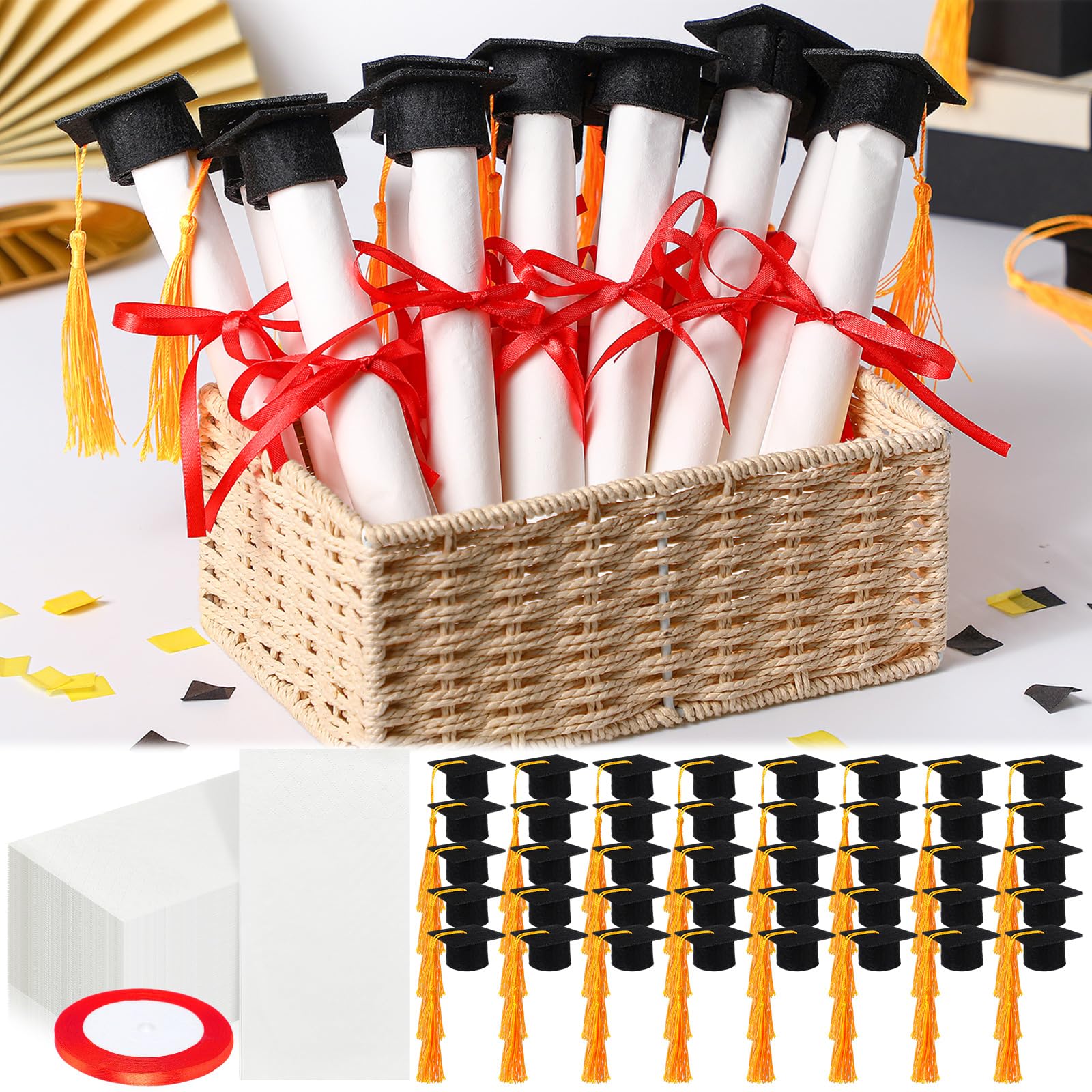Fanfanwin 50 Sets Graduation Diploma Guest Napkins 50 Mini Graduation Caps with Red Ribbon Diploma Party Favor Grad Award Dinner