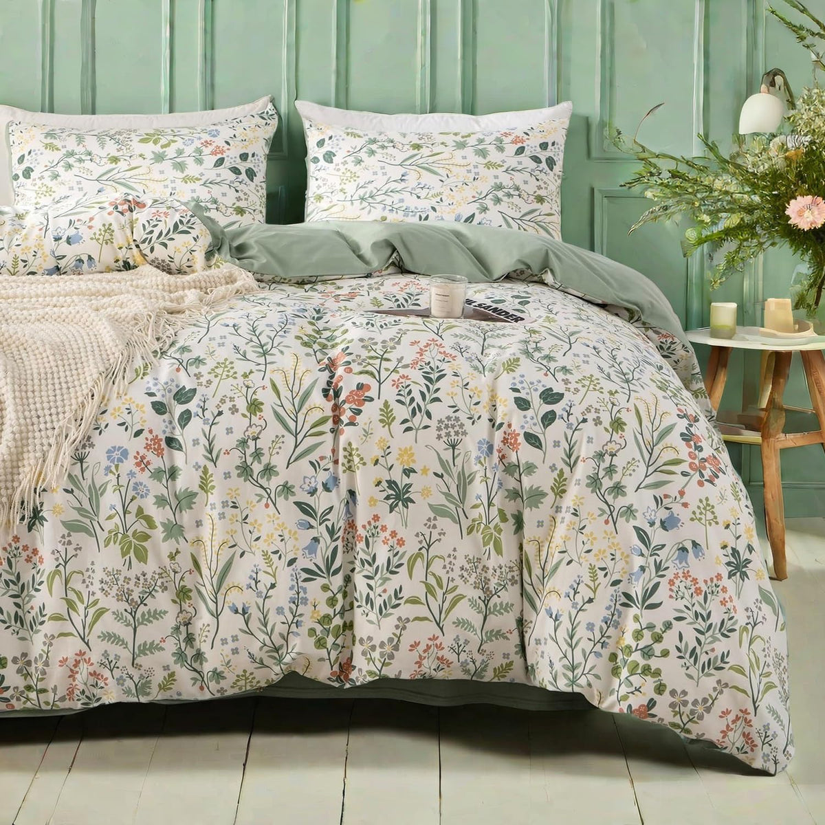 Mixinni Sage Green Duvet Cover Set King-Exquisite Floral King Size Comforter Set For All Seasons, 3 Pieces, 1 Wildflower Plants
