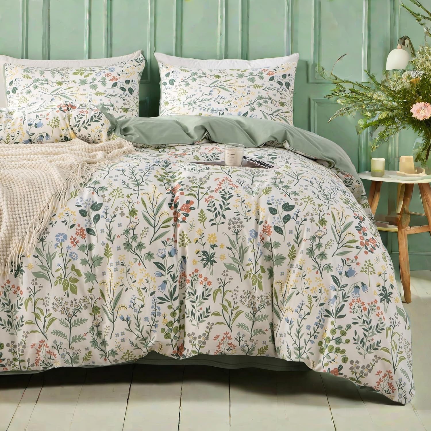 Mixinni Sage Green Duvet Cover Set Queen-Exquisite Floral Queen Size Comforter Set For All Seasons, 3 Pieces, 1 Wildflower Plant