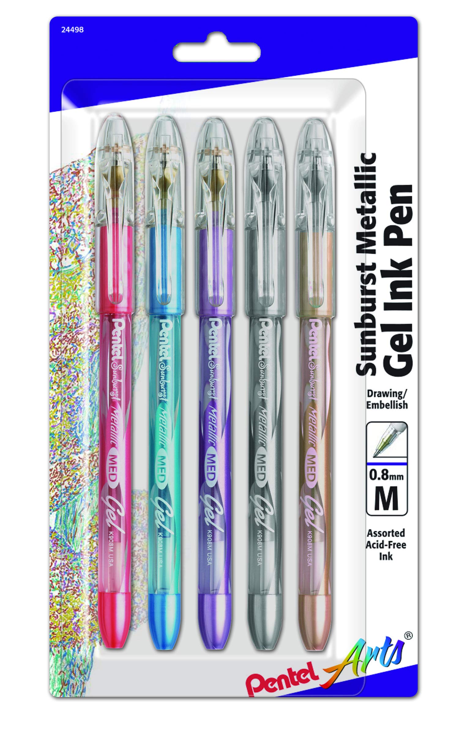 Pentel Arts Sunburst Metallic Gel Pen, Medium Line, Permanent, 5 Pack, Assorted Ink (K908Mbp5)