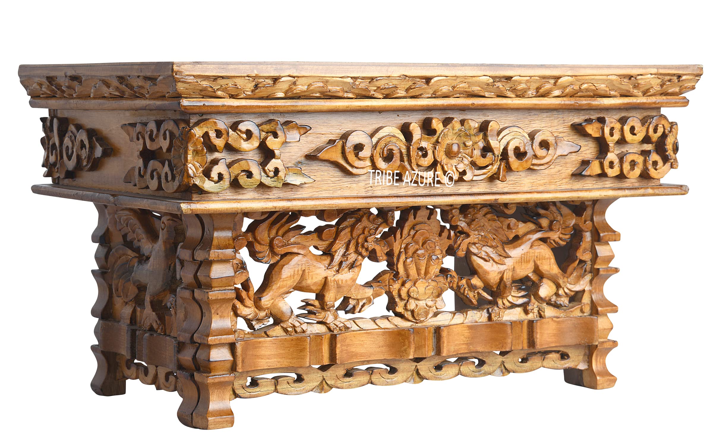 Tribe Azure Fair Trade Small Snow Lion Altar Table, Hand Carved Wooden Table with Majestic Garuda, 16 in x 9 in x 9 in
