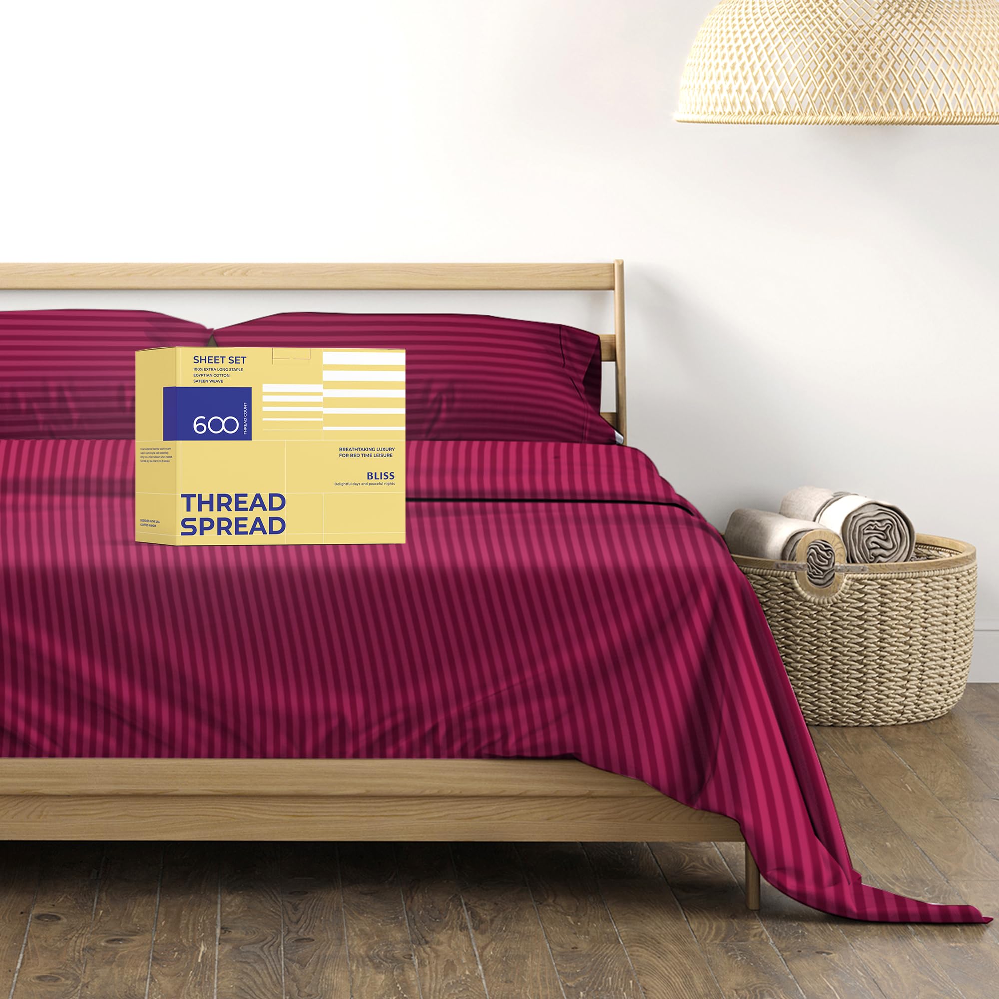 Thread Spread Luxury Egyptian Cotton Full Stripe Sheet Set, 600 Thread Count Extra Long Staple 4 Pc Set, Full Damask Sheets, Soft, Cooling Sateen Weave Striped Sheets Upto 18' Deep Pocket - Burgundy