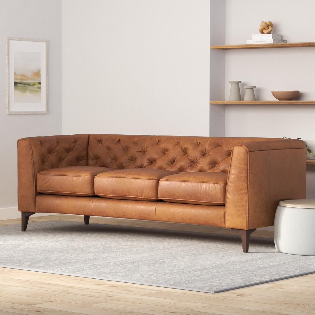 Poly & Bark Essex Leather Couch – 89-Inch Sofa With Tufted Back - Full Grain Leather Couch With Feather-Down Topper On Seating Surfaces – Vintage Pure-Aniline Italian Leather – Cognac Tan