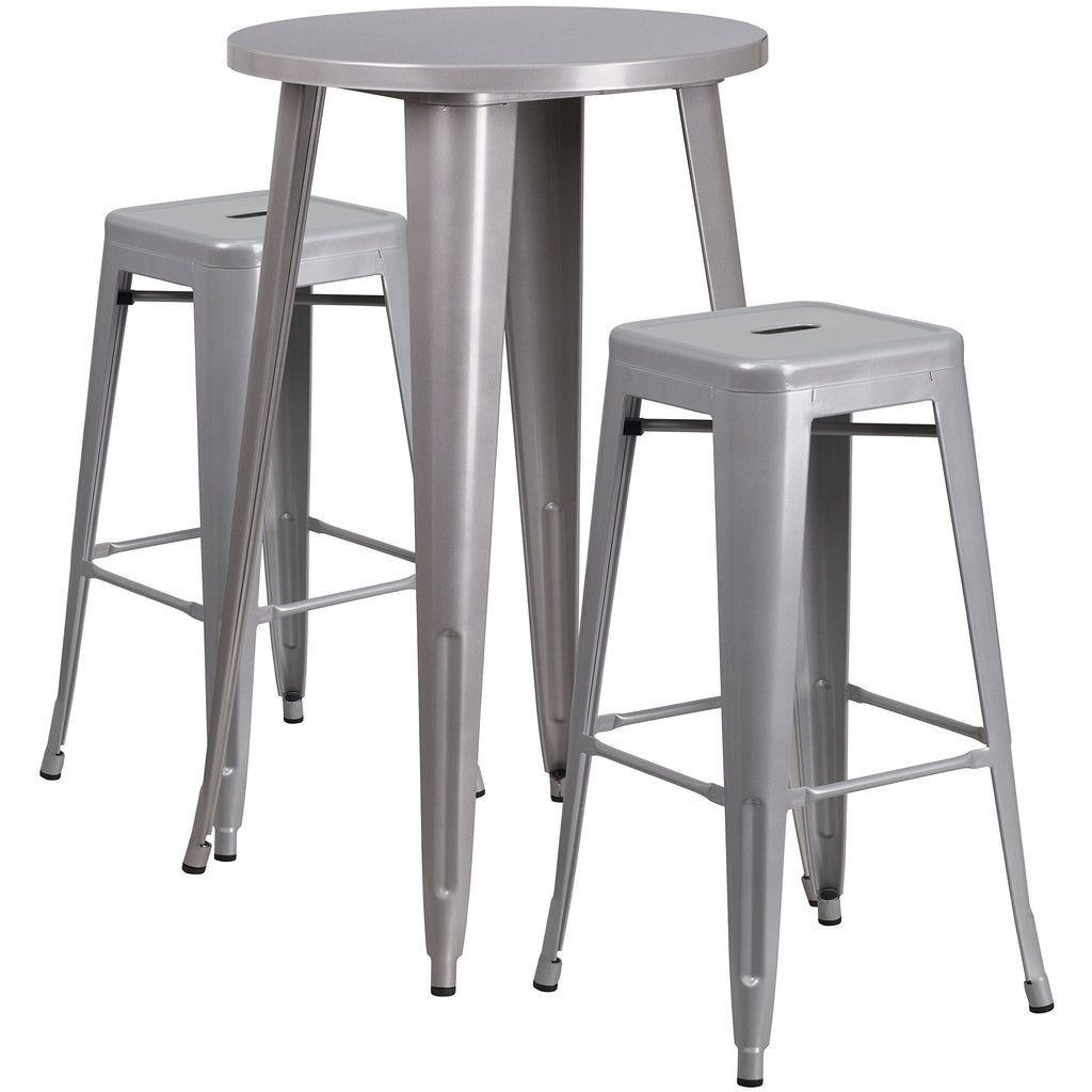 Flash Furniture Commercial Grade 24" Round Silver Metal Indoor-Outdoor Bar Table Set with 2 Square Seat Backless Stools