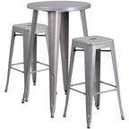 Flash Furniture Commercial Grade 24" Round Silver Metal Indoor-Outdoor Bar Table Set with 2 Square Seat Backless Stools