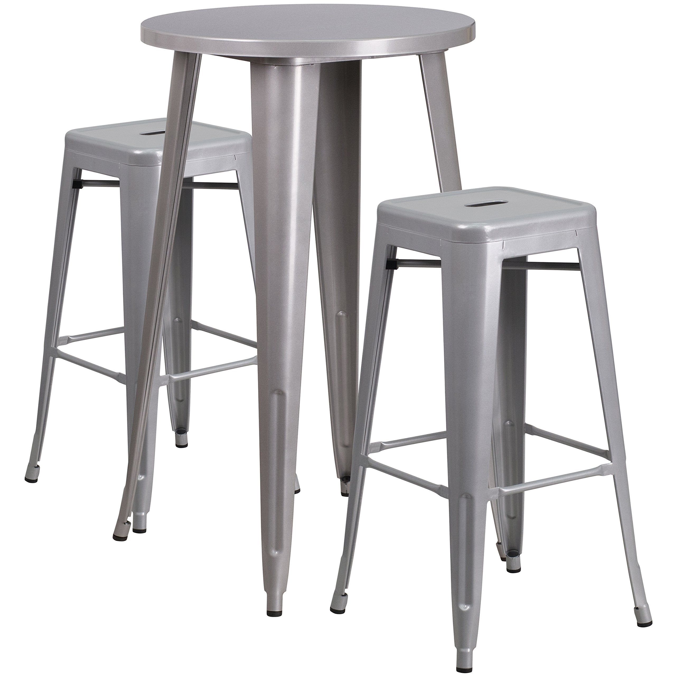 Flash Furniture Commercial Grade 24" Round Silver Metal Indoor-Outdoor Bar Table Set with 2 Square Seat Backless Stools