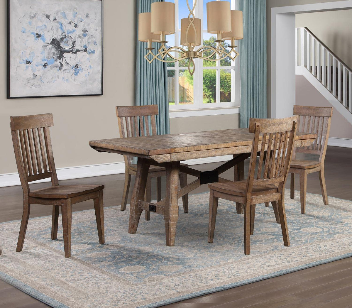 Steve Silver Furniture Riverdale 5Pc Dining Table Set, 72'-96' Rectangular Table W/Two 12' Leaves, 4 Wooden Side Chairs, Rustic/Farmhouse, Dining Room, 72' L X 36' W X 30' H, Brown