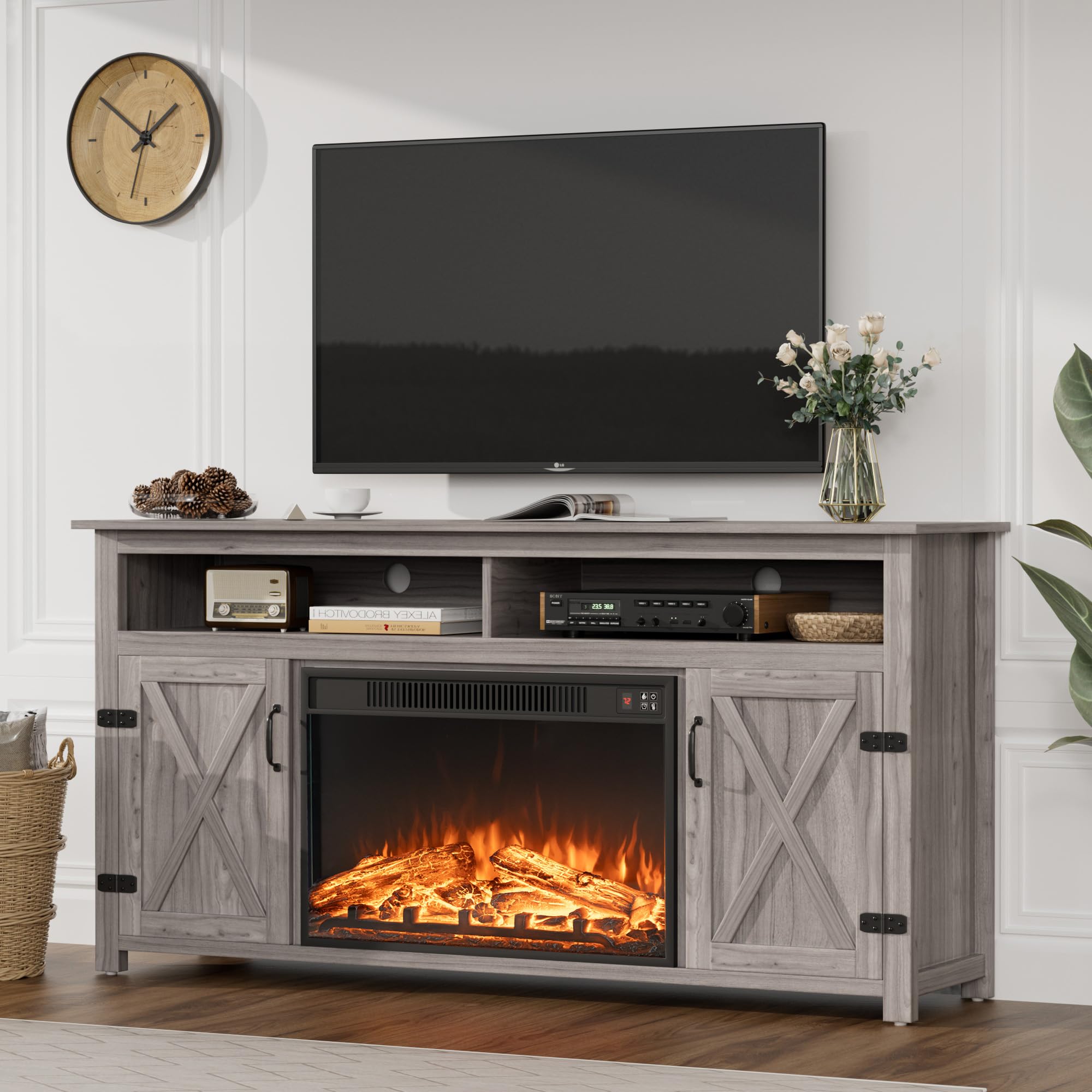 JUMMICO Fireplace TV Stand for TVs Up to 65+ Inch Entertainment Center with Open Storage Shelves and Side Cabinets, Media Consol