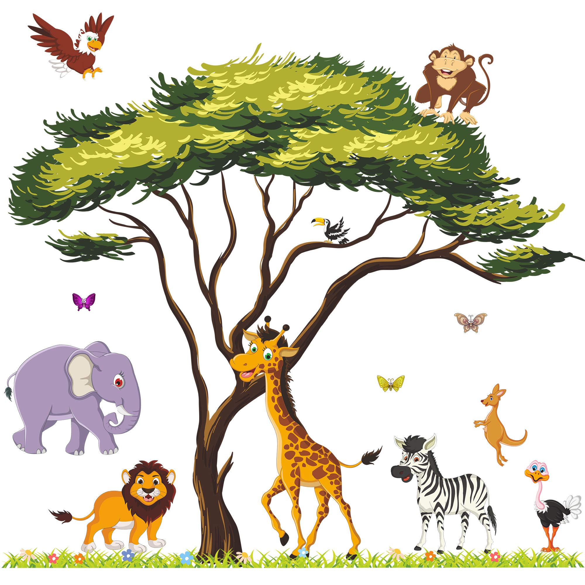 Amaonm Giant Jungle Animal and Tree Wall Decals Removeable DIY Flower Lion Giraffe Monkey Wall Sticker Peel and Stick Wall Decor