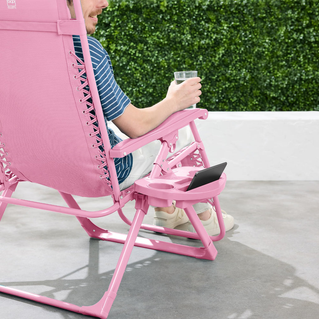 Best Choice Products Adjustable Zero Gravity Chair, Monochromatic Color Folding Patio Recliner W/Side Tray, Headrest - Carnation