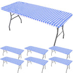 6 Pcs Tablecloth For Folding Fitted Rectangular Table Cloth 30 X 72 Inch Vinyl Waterproof Plastic Table Cover Flannel Backed With Elastic Rim For Indoor Outdoor Picnic Party (Blue And White Grid)