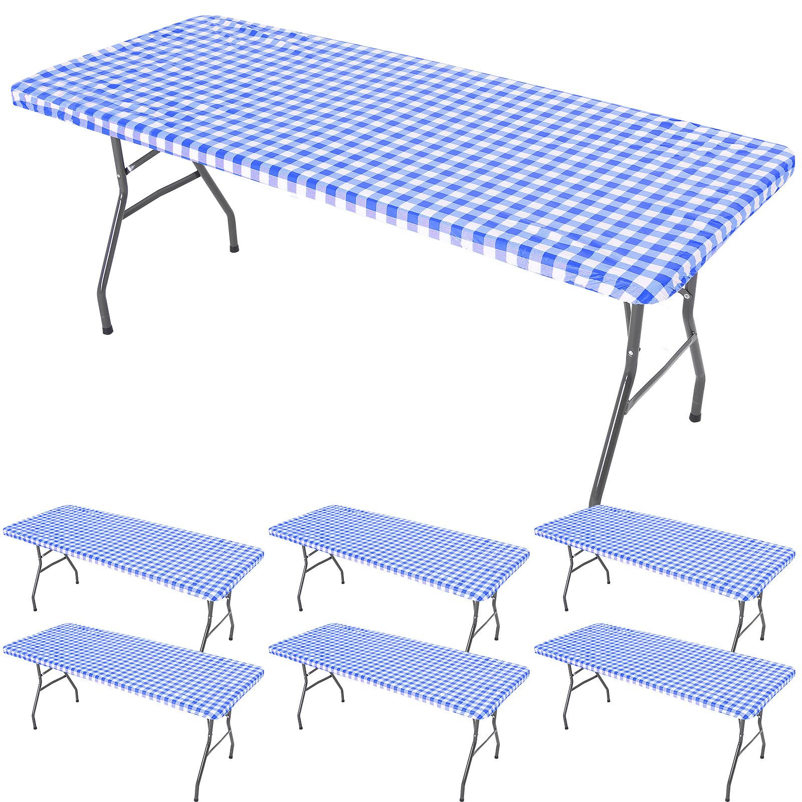 6 Pcs Tablecloth For Folding Fitted Rectangular Table Cloth 30 X 72 Inch Vinyl Waterproof Plastic Table Cover Flannel Backed With Elastic Rim For Indoor Outdoor Picnic Party (Blue And White Grid)