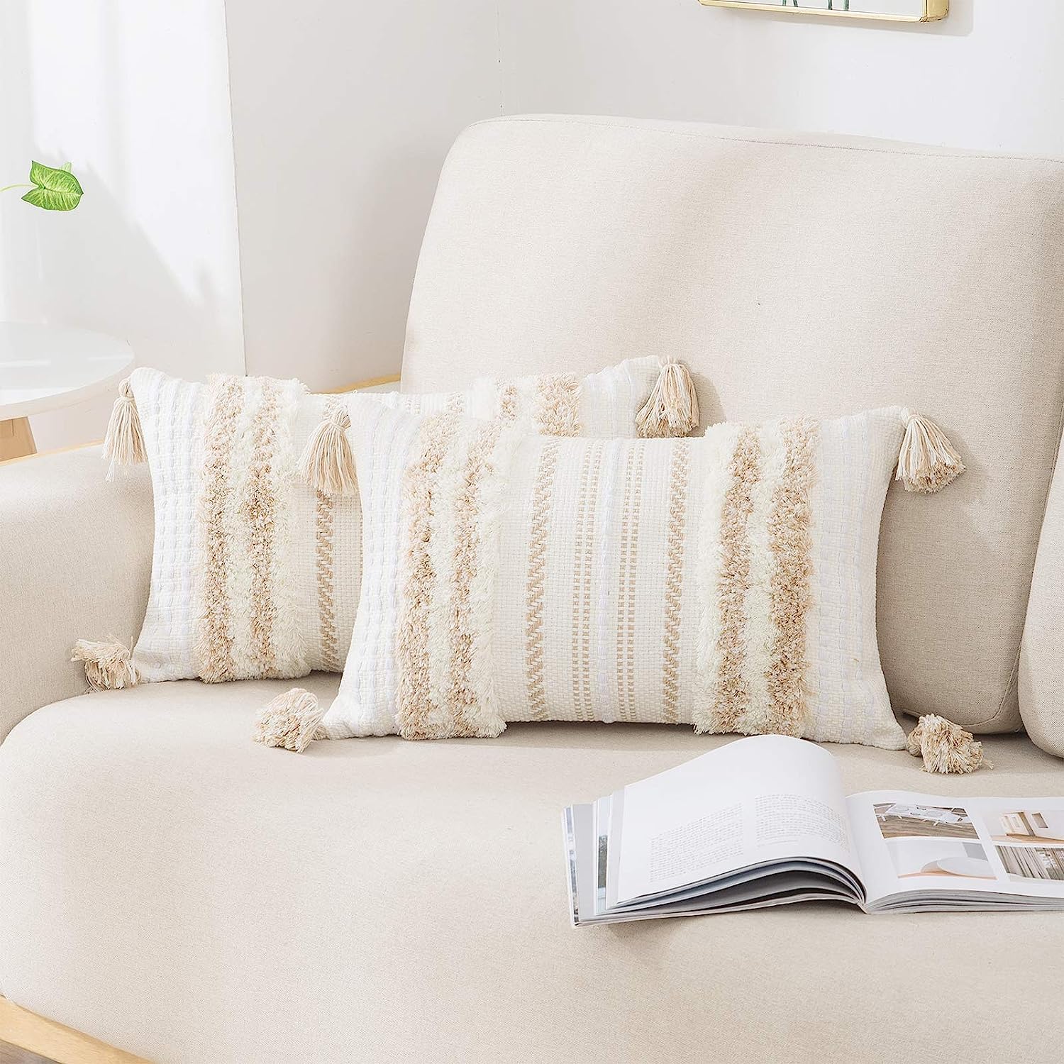 Decoruhome Decorative Boho Throw Pillow Covers 12X20 Set Of 2, Lumbar Accent Neutral Textured Tufted Pillow Covers Striped For C