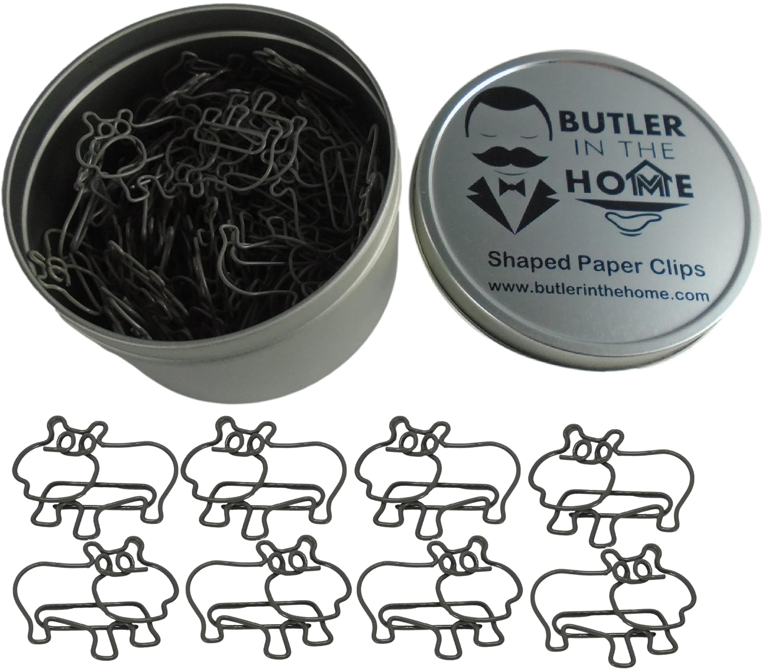 Butler In The Home 100 Count Hippo Shaped Paper Clips Great For Paper Clip Collectors Or Office Gift - Comes In Round Tin With L