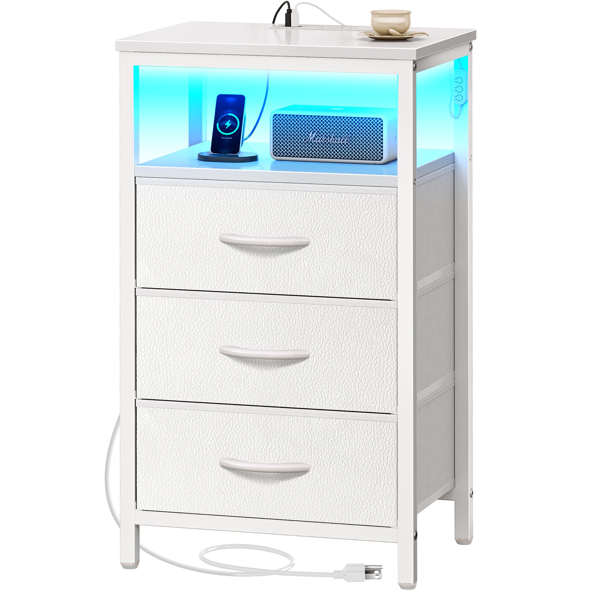 Huuger Night Stand with Charger Station and LED Lights, 3 Drawer Nightstand, Bed Side Table with Open Shelf, End Table, Tall Fab