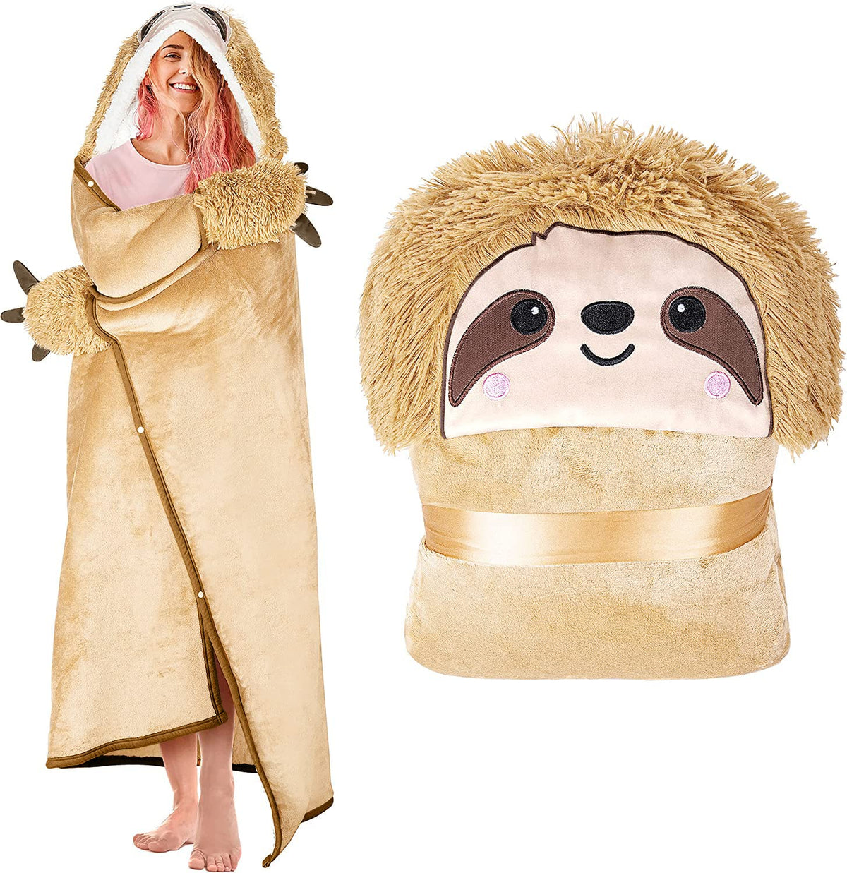 Sloth Wearable Hooded Blanket For Adults - Super Soft Warm Cozy Plush Flannel Fleece Throw & Sherpa Hoodie Cloak Wrap - Sloth Gi