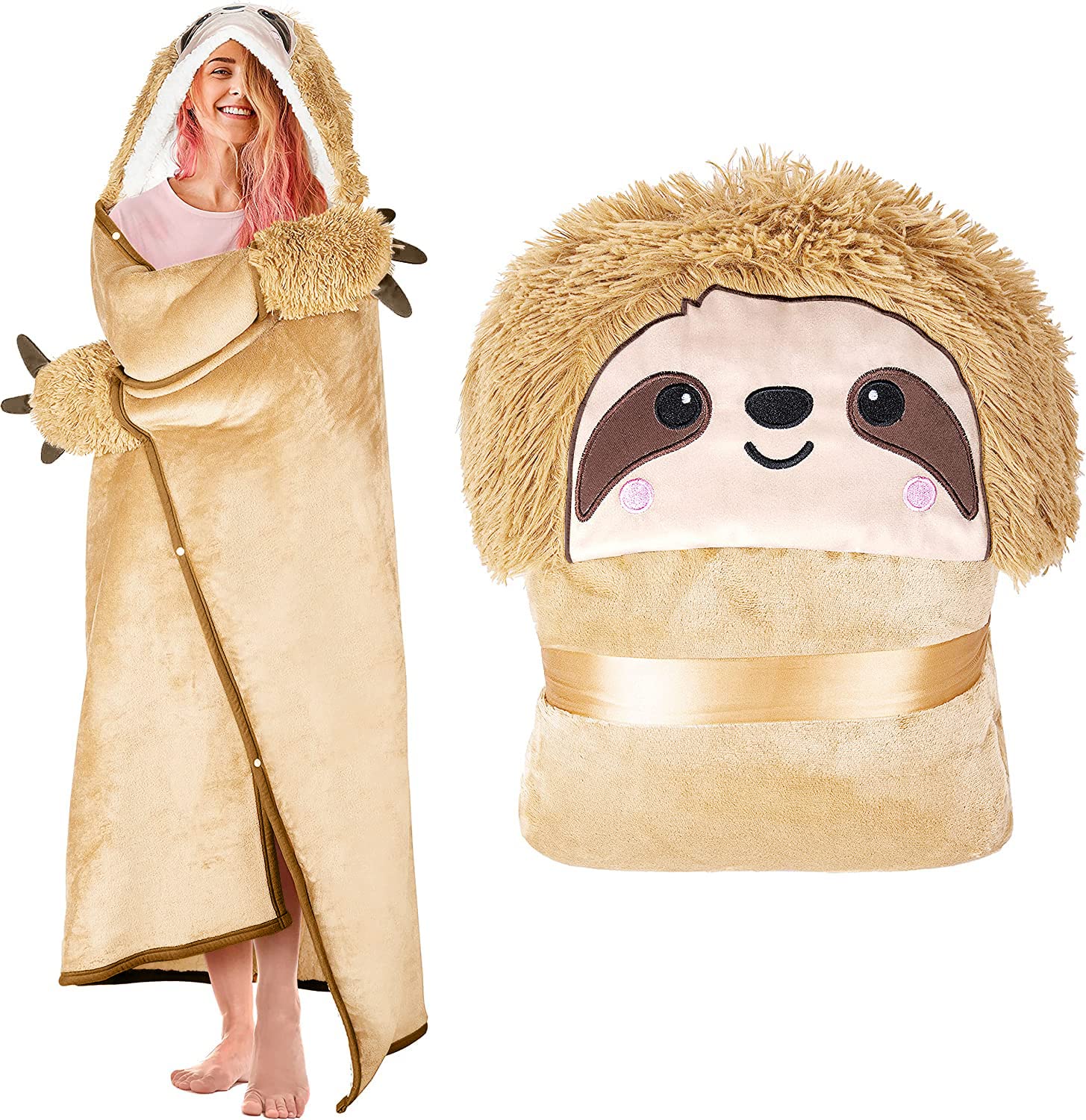 Sloth Wearable Hooded Blanket For Adults - Super Soft Warm Cozy Plush Flannel Fleece Throw & Sherpa Hoodie Cloak Wrap - Sloth Gi