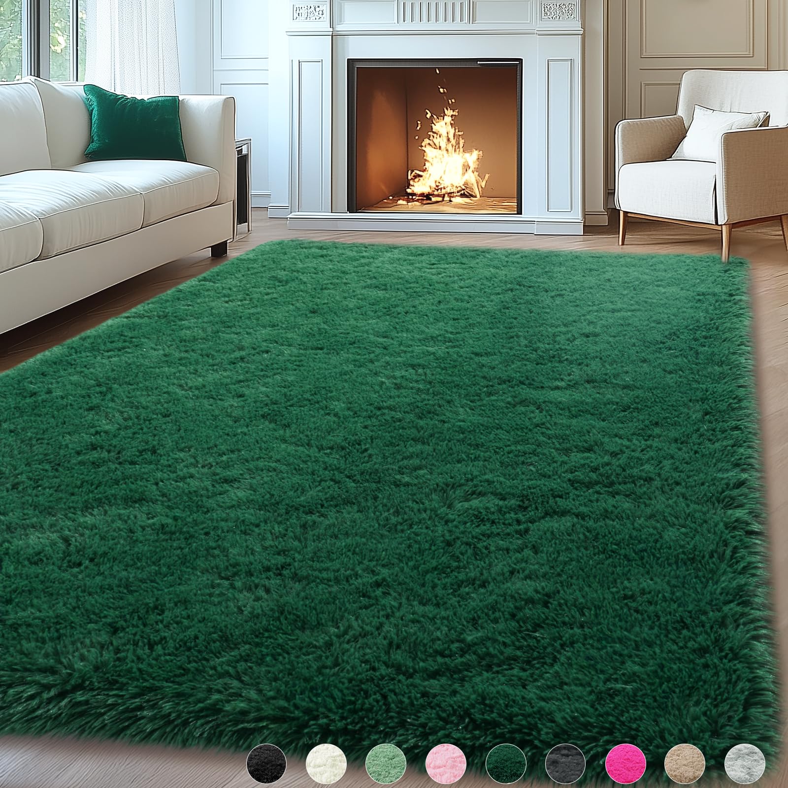 Mugorn 8x10 Rugs for Living Room, Large Fluffy Dark Green Area Rugs for Bedroom, Soft Carpet Shag Kids Room Rug, Non-Slip Fuzzy 