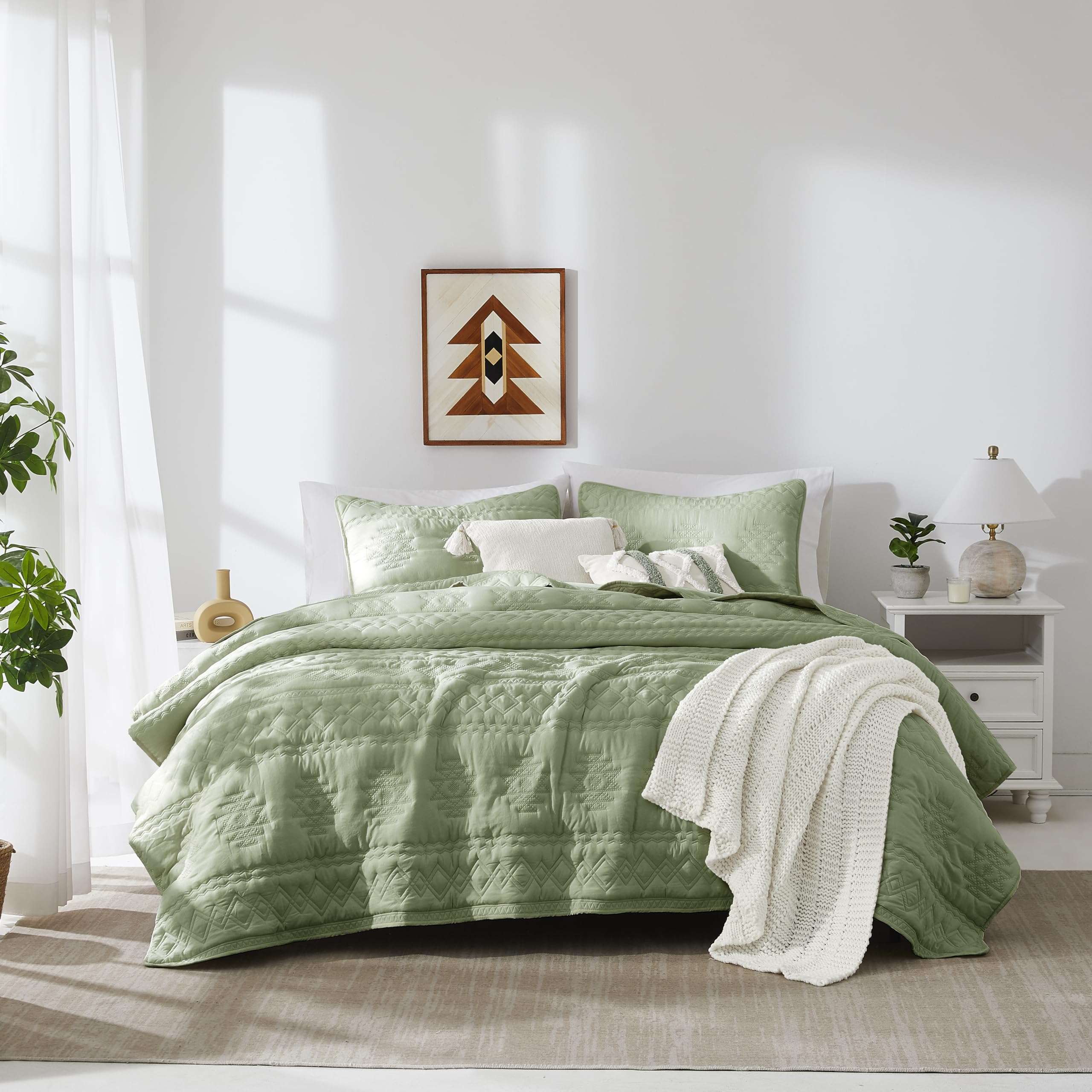 Wdcozy Boho Sage Green Quilts Queen Size Bedding Sets With 2 Pillow Shams, Farmhouse Lightweight Soft Bedspread Coverlet For All