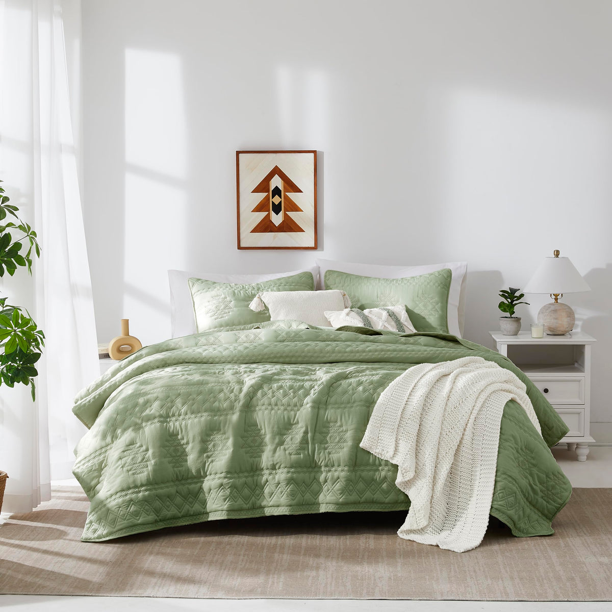 Wdcozy Boho Sage Green Twin Quit Size Bedding Sets With 1 Pillow Sham, Farmhouse Lightweight Soft Bedspread Coverlet For All Sea
