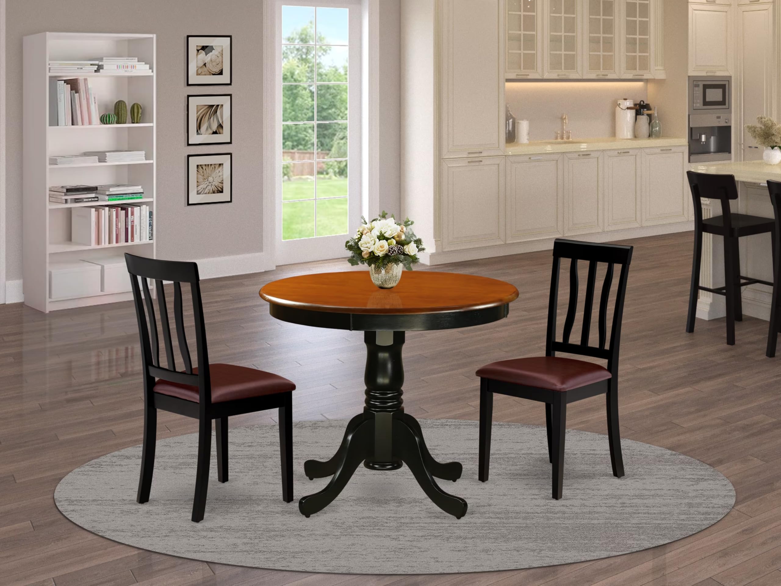 East West Furniture ANTI3-BLK-LC 3 Piece Dining Room Furniture Set Contains a Round Dining Table with Pedestal and 2 Faux Leather Upholstered Chairs, 36x36 Inch, Black & Cherry