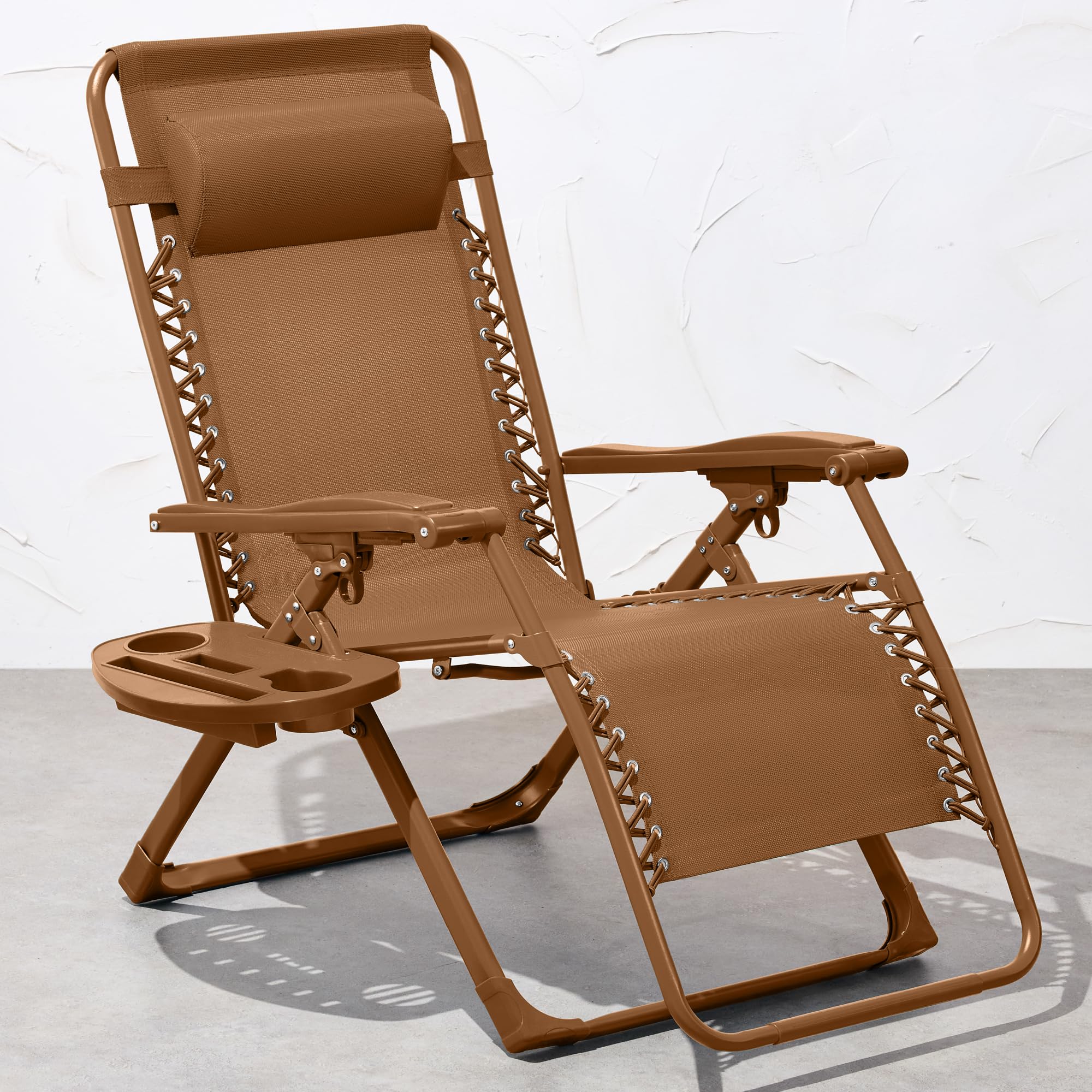 Best Choice Products Adjustable Zero Gravity Chair, Monochromatic Color Folding Patio Recliner W/Side Tray, Headrest - Desert